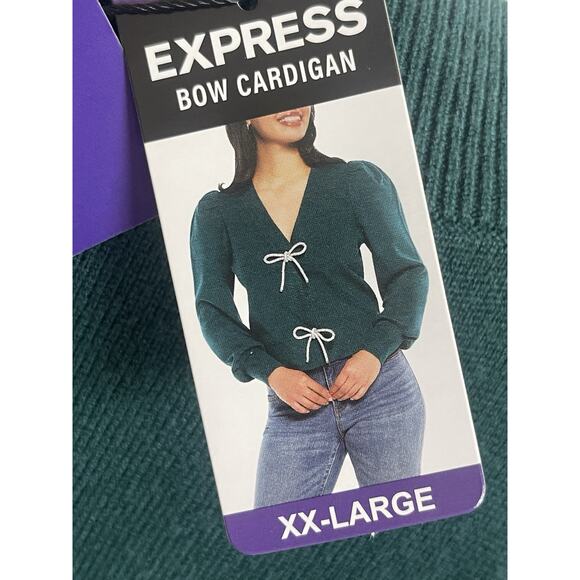 Women's Express Bow Cardigan V-neck Sweater Long Sleeves June Bug Dark Green 2XL - Picture 9 of 12